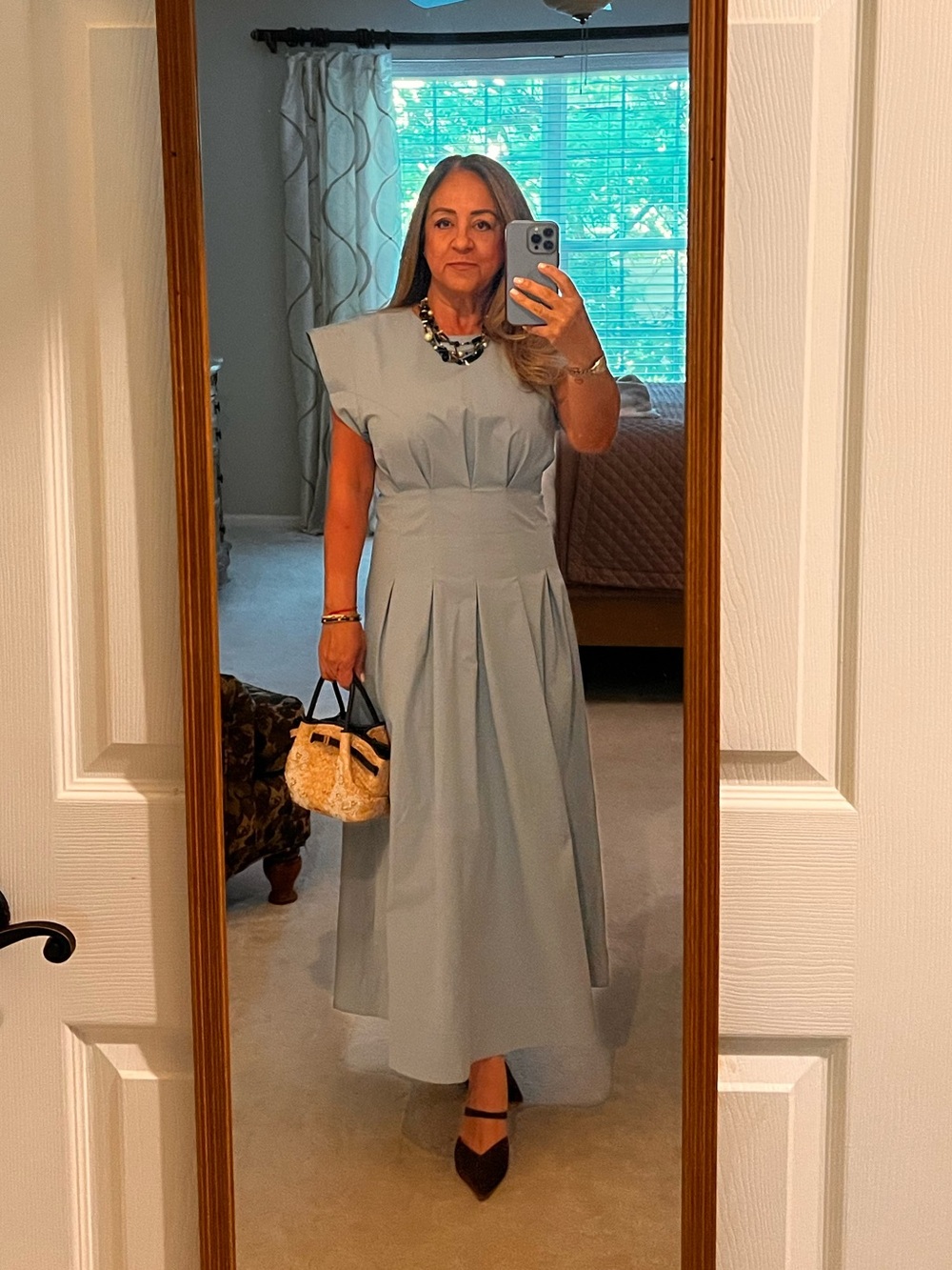 Zara Dusty Blue Midi Dress with Structured Pleats